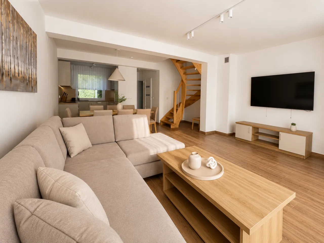 Salon z wygodną sofą w jednym z domów